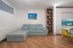 a living room with a couch and a table at Jade I Family 1&2 BR Apartments near Pipera Plaza Mall in Voluntari