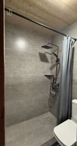 a bathroom with a shower with a shower curtain at Meidan Oda Holiday Homes in K'obulet'i