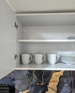two white cups on a shelf with plates at Garage y Patio Privado en Salta Casa Completa in Salta
