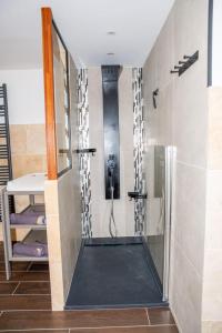 a shower with a glass door in a bathroom at Charmant Gîte avec sauna au cœur des Hautes Vosges in Ban-sur-Meurthe-Clefcy