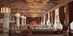 a rendering of a restaurant with tables and chairs at Nômade Temple Madrid in Madrid