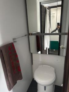 a small bathroom with a toilet and a mirror at Beautiful, luxurious Caravane property in Rothrist +22 photos