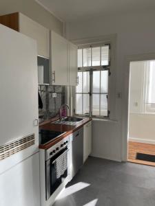 eine Küche mit Spüle und Herd oberen Backofen in der Unterkunft Work & Sleep Schwäbisch Gmünd in Schwäbisch Gmünd