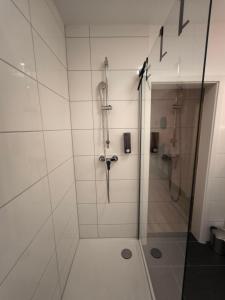 eine Dusche mit Glastür im Badezimmer in der Unterkunft BioNaturSuite Kortum1745, HBF, Bermuda3Eck, Musikforum, Starlight Express, Museum in Bochum + 20 Fotos