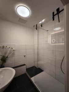 a bathroom with a glass shower and a sink at BioNaturSuite Kortum1745, HBF, Bermuda3Eck, Musikforum, Starlight Express, Museum in Bochum