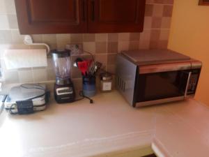 a kitchen counter with a microwave and a blender at Apartamento en el residencial reparto los tres ojos in Ensanche Savica de Mendoza +14 photos