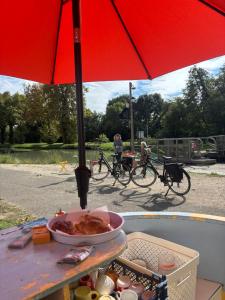 Un plato de comida en una mesa bajo una sombrilla en Le logis Pellaborie, en Montech