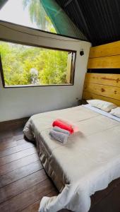 ein Schlafzimmer mit einem großen Bett mit Fenster in der Unterkunft Sinta-se em casa in Alto Paraíso de Goiás