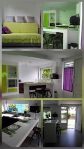 eine Collage mit vier Bildern einer Küche und einem Wohnzimmer in der Unterkunft CAP COULEURS Guadeloupe in Lamentin