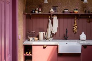 a kitchen with a sink and purple walls at Luxurious vintage loft near city center in Groningen