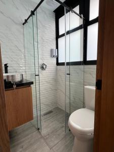 a bathroom with a toilet and a glass shower at apto con jacuzzi y aire acondicionado cerca laureles in Medellín +7 photos