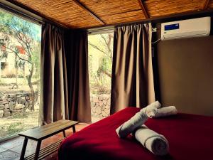 Ein Stofftier liegt auf einem Bett in einem Zimmer mit Fenster in der Unterkunft Red Hill Lodge Purmamarca in Purmamarca