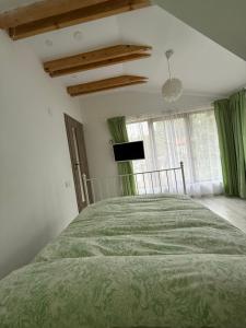 コマルニクにあるCabana Bujoruluiのベッドルーム1室(ベッド1台、緑の掛け布団付)