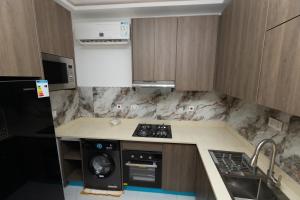 a small kitchen with a stove and a sink at The Riverdale in Buku