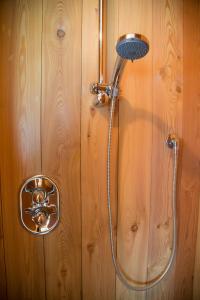 una ducha con cabezal de ducha en una pared de madera en Au Rascard en Brusson