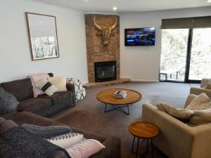 a living room with a couch and a fireplace at The Peak 202 in Mount Buller