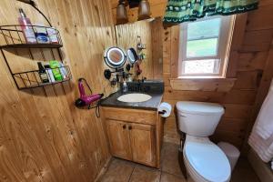 a small bathroom with a toilet and a sink at Solar powered log cabin with mountain views, 3acres in Lake Lure +32 photos