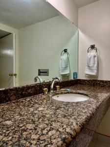 a bathroom counter with a sink and a mirror at Hotel La Mansión 
