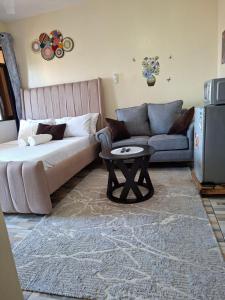 a living room with a couch and a table at Homely studio Apartment 2 in Mombasa +8 photos