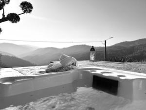 een badkuip met een handdoek bovenop een berg bij Casinha Serabigoes Arouca Passadiços Paiva in Arouca