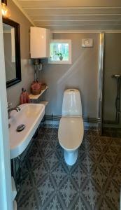 a bathroom with a toilet and a sink at Cosy Forest Cabin Near Bollnäs in Bollnäs