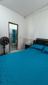 a bedroom with a blue bed and a mirror at Habitacion acceso independiente mejor ubicacion in Cúcuta