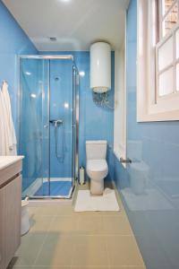 a bathroom with a toilet and a glass shower at Porto Sé Apartamentos in Porto