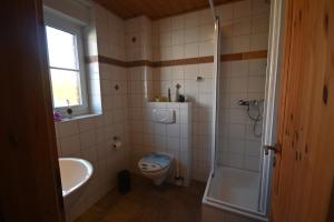 a bathroom with a toilet and a sink and a shower at Haus Boddenperle in Breege +37 photos