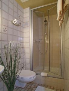 a bathroom with a shower and a toilet and a sink at Hotel Beller in Kenzingen