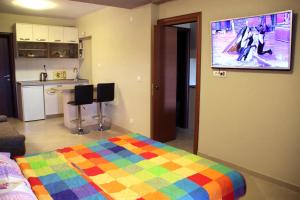 a bedroom with a colorful bed and a kitchen at Apartments Camilla in Radovići