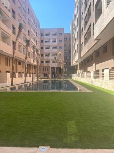 马拉喀什Appartement de Luxe 3 Chambres avec piscine au centre的棕榈树建筑中的一座空庭院