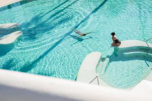 two people swimming in a swimming pool with dolphins at Iberostar Selection Sábila - Adults Only in Adeje