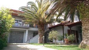 a palm tree in front of a house at Aimilias Family Apartments in Nea Vrasna