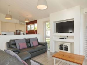 a living room with a couch and a fireplace at 10 Horizon View in Liskeard