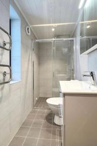 Un baño con ducha, inodoro y lavabo. en Lindvallen - Modern Mountain House, en Sälen