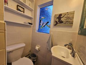 a bathroom with a toilet and a sink and a window at Casita Margarita in Lanark Village +19 photos