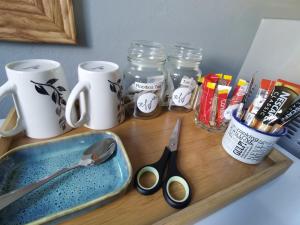 にあるWindygates Estate Room 3のシンクとハサミの入ったトレイのあるカウンター