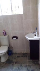une salle de bain avec toilettes et lavabo dans l'établissement Kalibu Cottage offers you a cozy & private home for your holidays, à Livingstone 23 autres photos