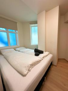 ベルゲンにあるAurum Bergen Apartmentの窓のあるベッドが3つある部屋