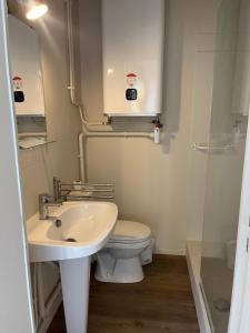 a bathroom with a sink and a toilet and a mirror at Studio meublé à Jonzac in Jonzac