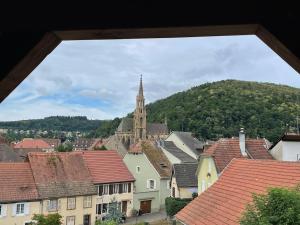a view of a town with a church and roofs at Thann centre, 2 BR, terrasse exposée sud, vue sur la Collégiale in Thann +1 photo
