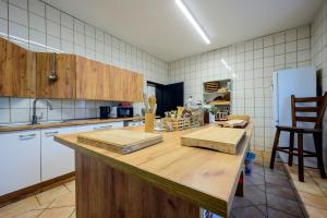 a kitchen with a counter and a refrigerator at Sowia Ostoja Góry Sowie in Ludwikowice Kłodzkie +47 photos
