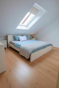 a bedroom with a large bed with a skylight at Apartment Katarina Oberasbach mit Klimaanlage 6 Minuten von Playmobil Fun Park in Oberasbach