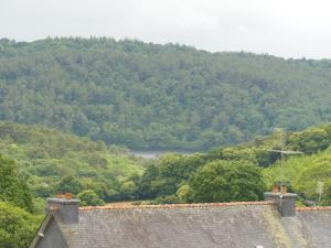 a view of a mountain with a river and trees at La Verrerie de Guerlédan in Caurel