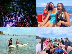 four different pictures of people on the beach at Where Is Hostel - Koh Tao in Koh Tao