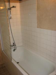 Das Bad ist mit einer Badewanne mit einer Dusche ausgestattet. in der Unterkunft Duplex Carreyrou in Beaumont-du-Périgord
