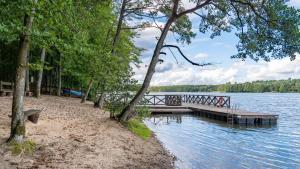 a dock with a bench on the shore of a lake at Ostoja Bukowo, Sun & Snow in Borowy Młyn