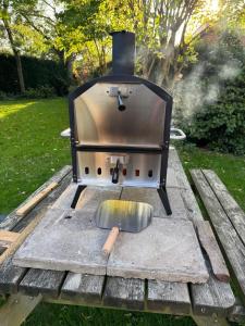 a grill sitting on top of a picnic table at Natuurhuisje Laanzicht Ophemert in Ophemert