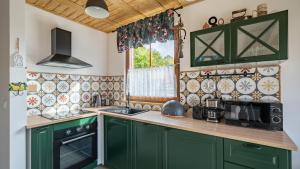 a kitchen with green cabinets and a microwave at Ostoja Bukowo, Sun & Snow in Borowy Młyn