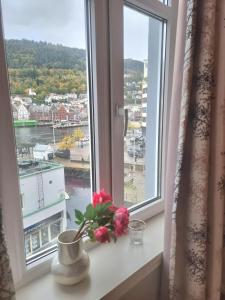 a window with a vase with flowers on a window sill at Central, lovely apartment with a unique view in Bergen